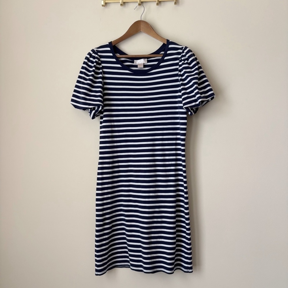 Rachel Parcell Blue Striped Bubble Sleeve T Shirt Dress Small Nautical Summer
